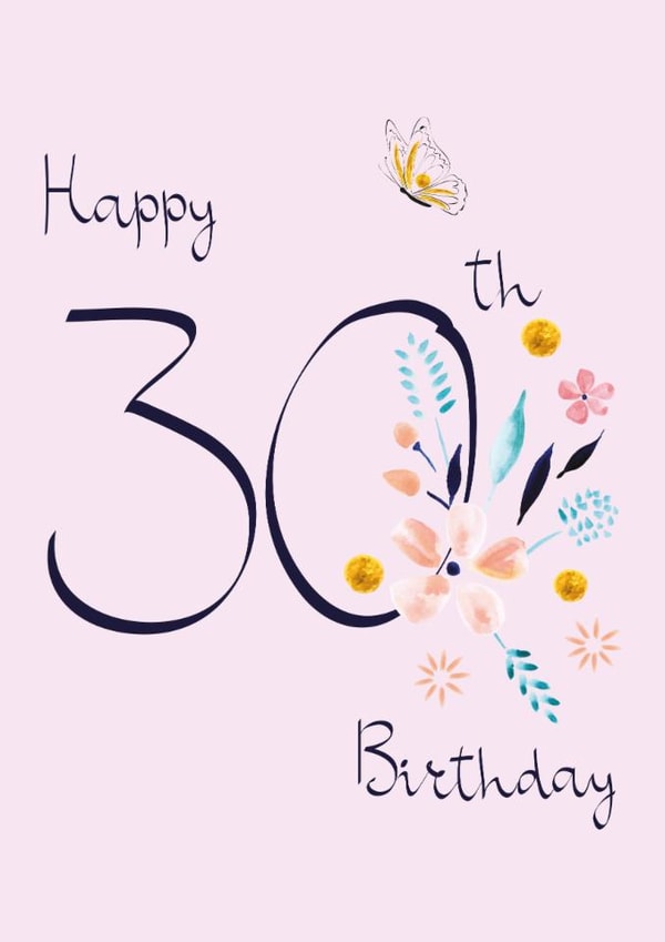 Classic 30th Birthday Card - For Her - Pretty Peach Flowers & Mint Botanicals created by SABIVO Design by Sabina