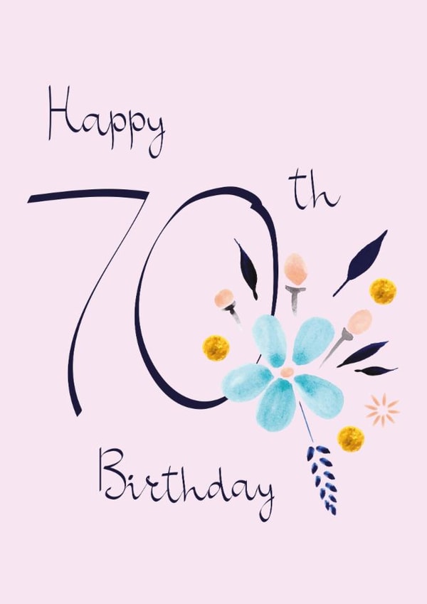Classic 70th Birthday Card - For Her - Pretty Peach Flowers & Mint Botanicals created by SABIVO Design by Sabina