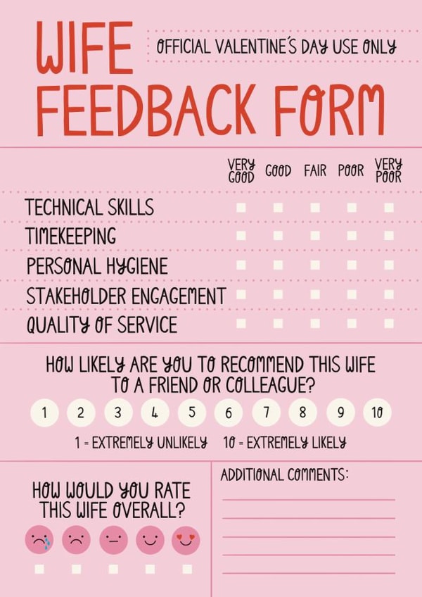 Funny Valentine’s Day Card - For Wife - Feedback Form created by Christine Cuddihy Illustration