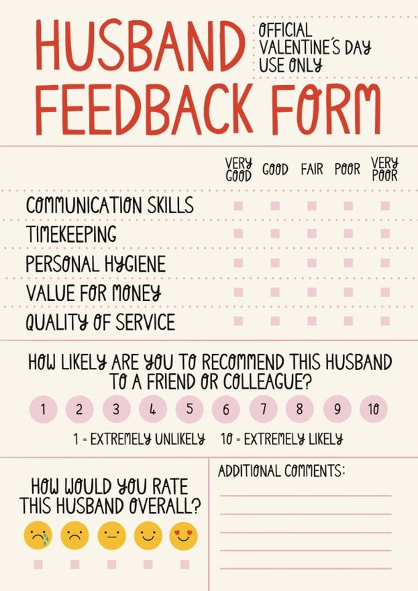 Funny Valentine’s Day Card - For Husband - Feedback Form created by Christine Cuddihy Illustration