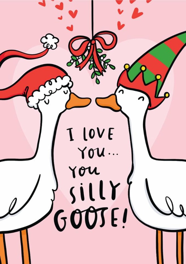 Cute Christmas Card - For Partner - Silly Goose Pun Under Mistletoe created by Arrow Gift Co