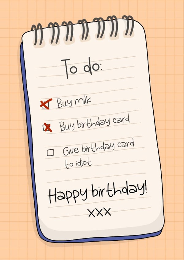 Funny birthday card for your loved ones - Shopping list created by Deadpixel