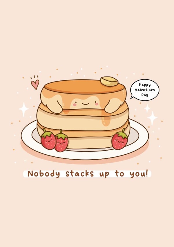 Cute Valentine’s Day card - pancakes and strawberries - kawaii punny love card created by Rosalie Perl