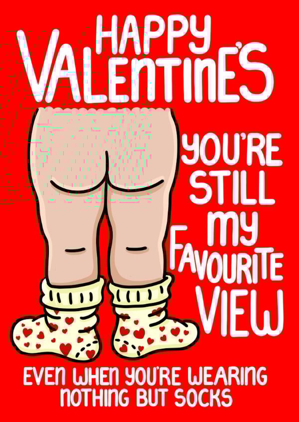 Funny Romantic Valentine’s Card – Cheeky Rear View with Heart Socks created by Louise Burgoyne