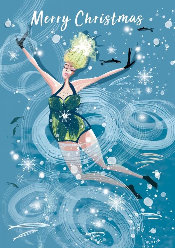 A stylish 'Swim Wild & Free' Christmas Card for open water wild swimmers created by Lydia. London