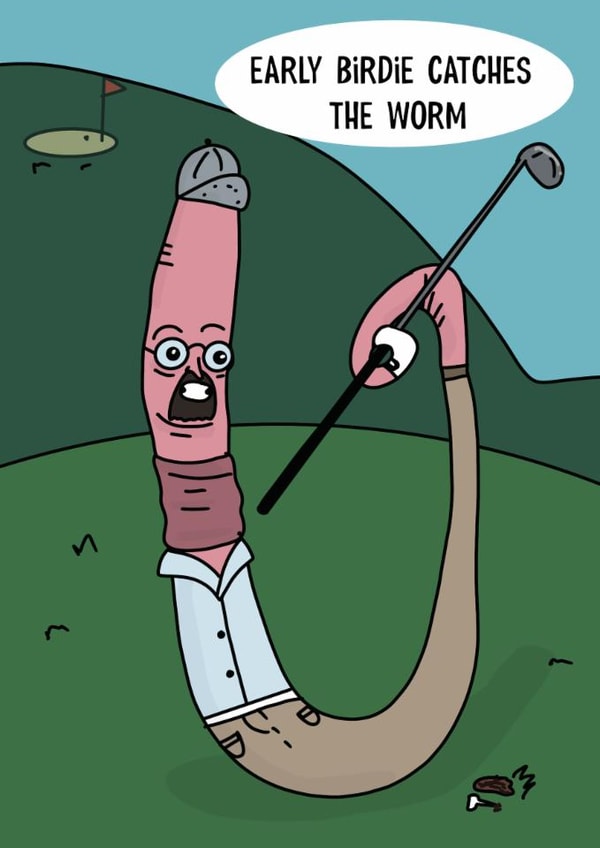 Golf pun card. Cute funny Worm golfer with glove. Birdie pun. Golf club cartoon. created by Blessherlittleartoons by Amy