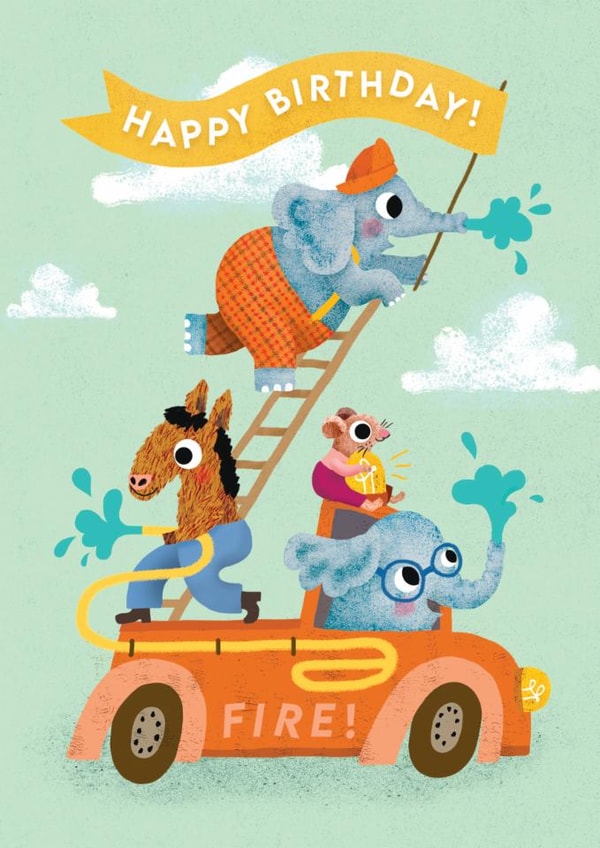 Cute Birthday Card - Elephants - Fire Engine created by Emily Nash Illustration