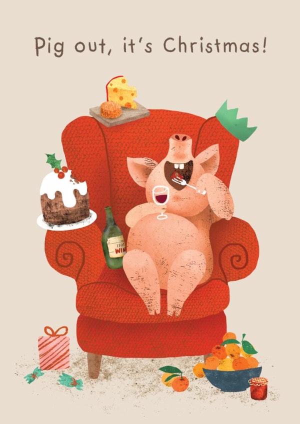 Funny Christmas Card - Pig Out - Pig Pun created by Emily Nash Illustration