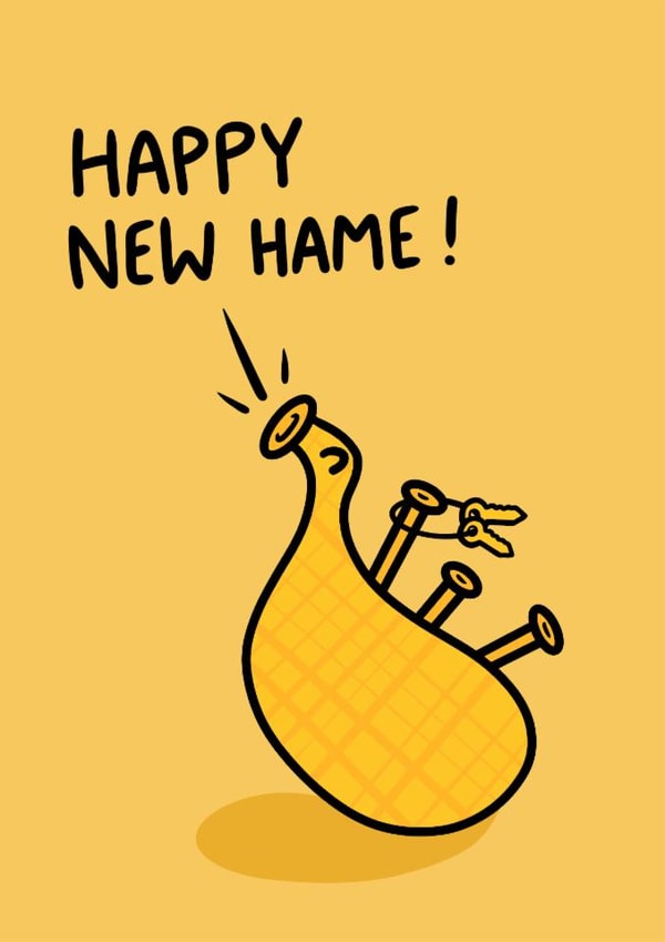 Cute New Home House Warming Scottish Card - Happy New Hame - Bagpipe created by Greetin’ Cards UK