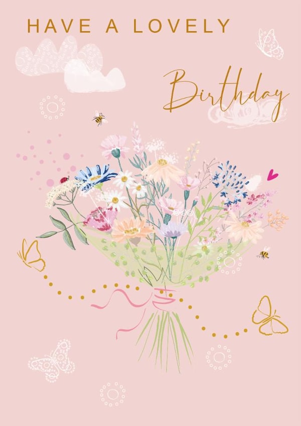 Classic Floral Birthday Bouquet Card - Bees Butterflies - Daisies Meadow Flowers created by SABIVO Design by Sabina