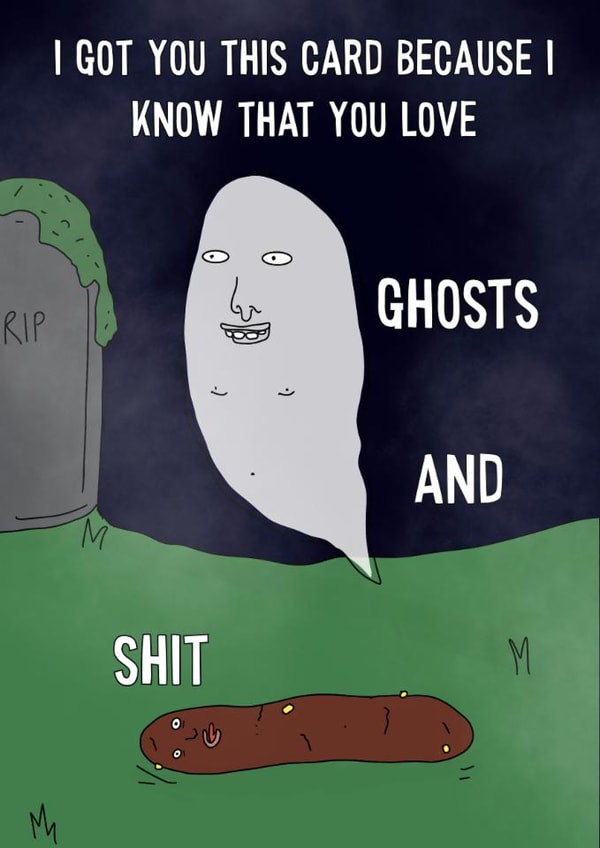 True crime, horror film fanatic ghost witchy funny poo card. created by Blessherlittleartoons by Amy