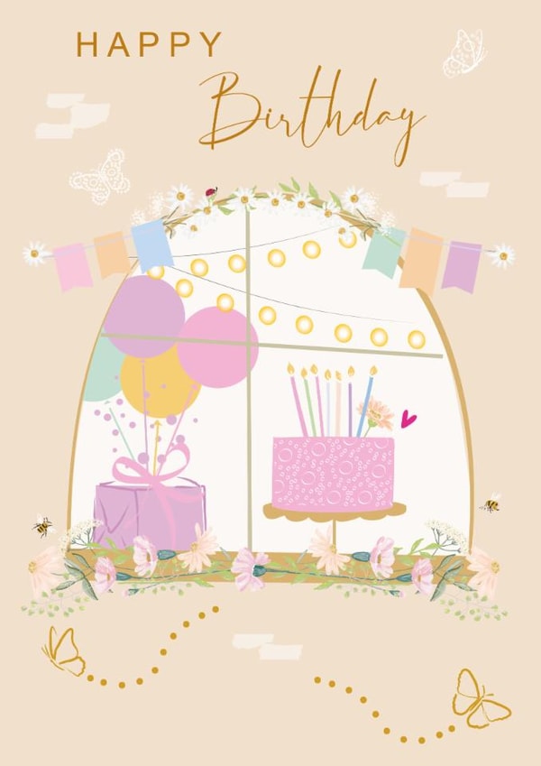 Cute Birthday Party Window Card - Cake & Present with Balloons - Floral Bunting created by SABIVO Design by Sabina