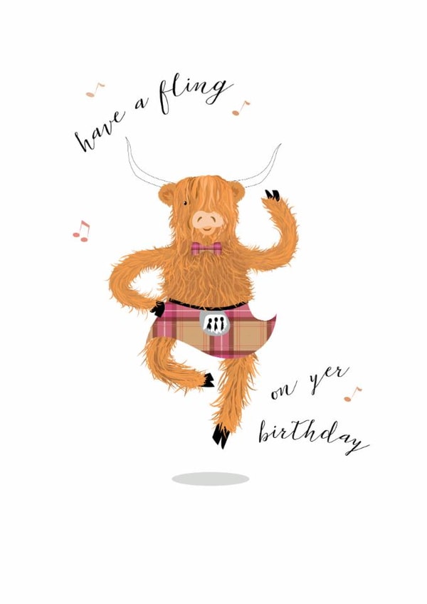 Cute Birthday Card - Have A Fling - Highland Cow - Kilt created by Pink Pig