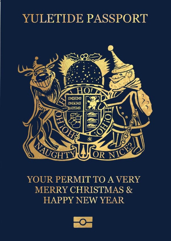 Funny Christmas card based on a British passport created by Doug The Cartoonist