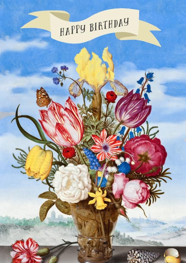 Happy Birthday banner with flower vase with colourful flowers against blue sky created by David Bennett