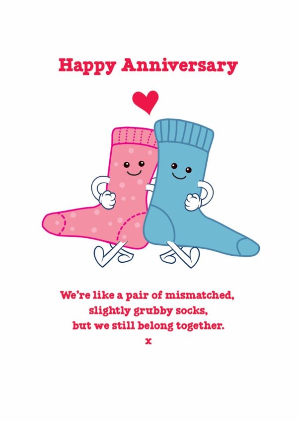 Cute Anniversary Card - Mismatched Grubby Socks - Still Belong Together created by Brainbox Candy