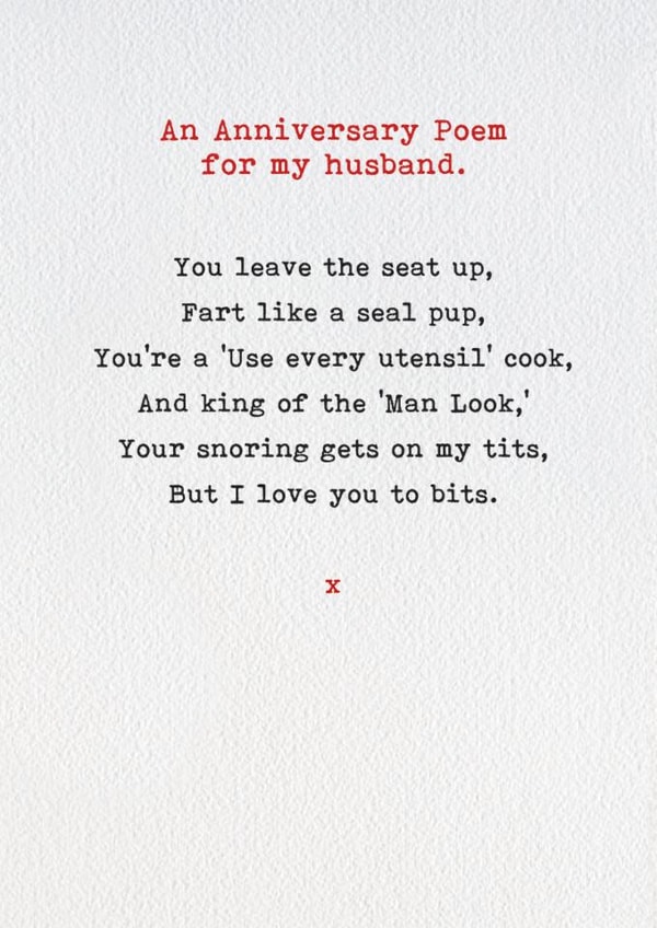 Funny Anniversary Poem - For Husband - Poem created by Brainbox Candy