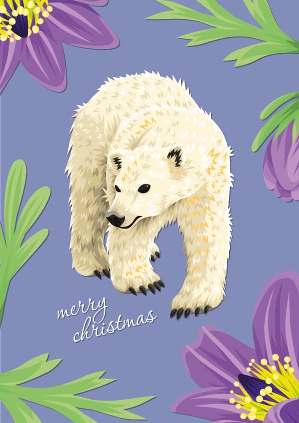 Festive Merry Christmas Card - Adorable Polar Bear & Flora For Friends & Family created by Featherkissed