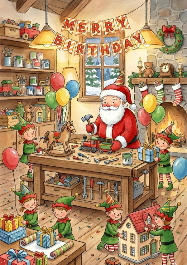 Merry Birthday Santa & Elves Workshop Card created by Tom Hobbs