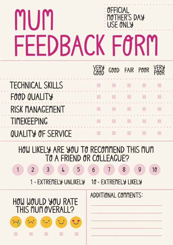 Funny Mother’s Day Card - Annual Performance - Feedback Form created by Christine Cuddihy Illustration