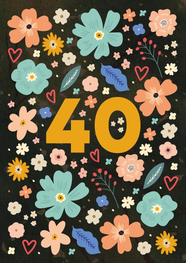 Pretty 40th Birthday Card - Vibrant Flowers And Hearts - For Her created by Eli the Goat