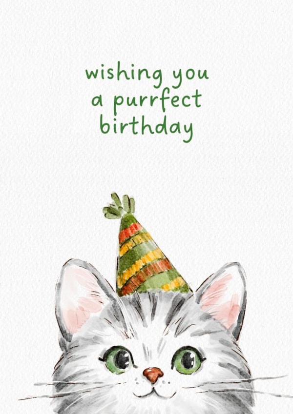 Cute Birthday Card - Cat - Purrfect Birthday - Pun created by BYANIKA