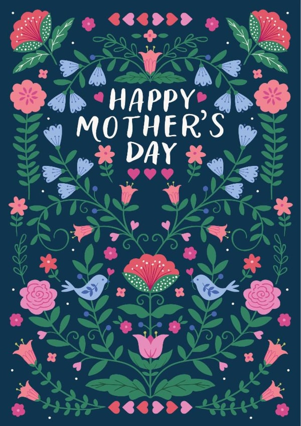 Pretty Mother's Day Card - Folk Florals - Birds created by Nina Raby - Jones
