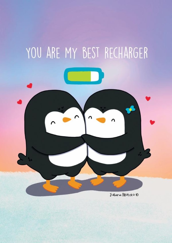 Cute Love Card of Couple of Penguins - You are my best recharger created by Juliana Motzko