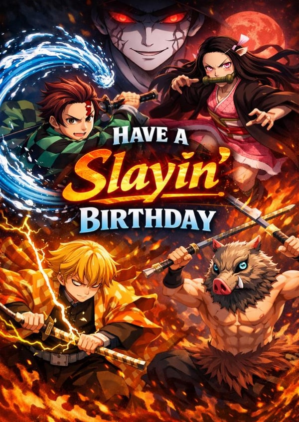 Demon Slayer birthday card - Have a slayin' birthday - anime created by Victoria Dervish