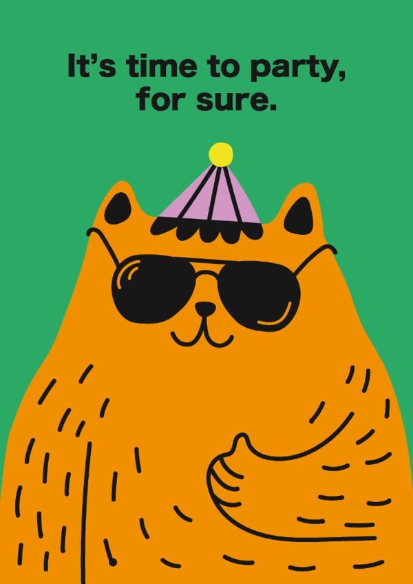 Funny Birthday Card – Ginger Cat – Time To Party created by Liina Lember