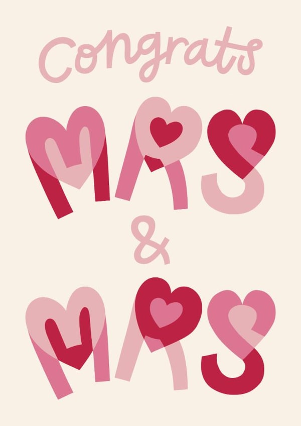 Classic Wedding Card - Congrats Mrs & Mrs - Romantic Heart Letters created by Christine Cuddihy Illustration
