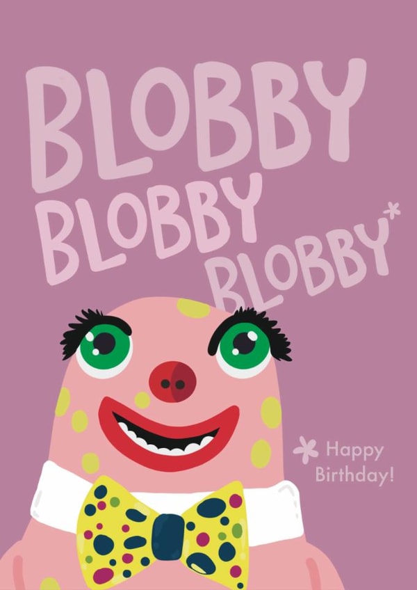 Funny retro 90s Noel's House Party Mr Blobby birthday card created by Iconicus Design