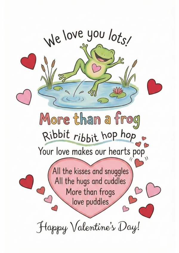 Cute Valentine's Card - We Love You More Than Frogs Love Puddles - Sweet Poem created by Tom Hobbs