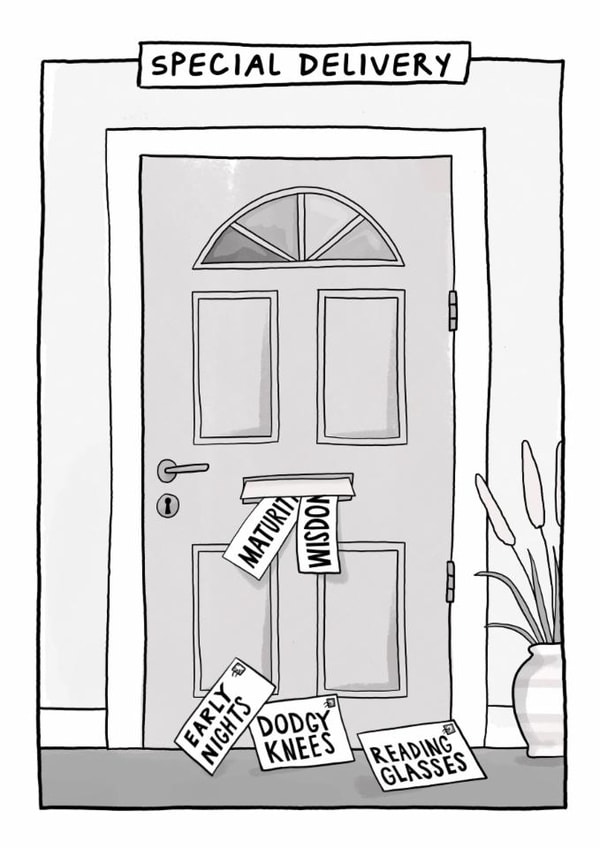Funny Birthday Card - Special Delivery - Early Nights, Dodgy Knees & Reading Glasses created by Running with Scissors