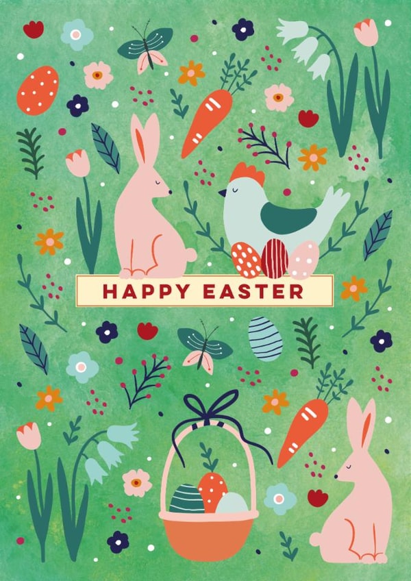 Classic Easter Card - Rabbits, Spring Flowers And Easter Eggs created by Eli the Goat