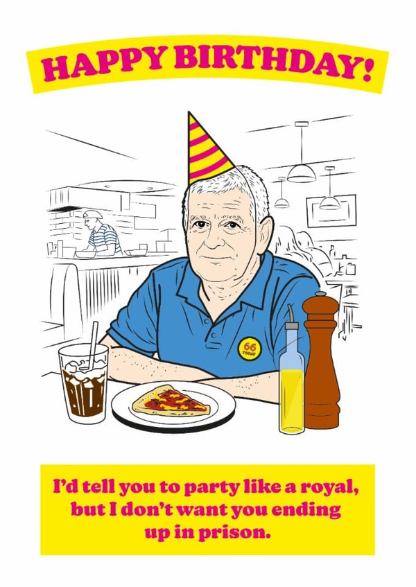 Funny birthday card relating to Prince Andrew and his recent problems created by Mint Ink