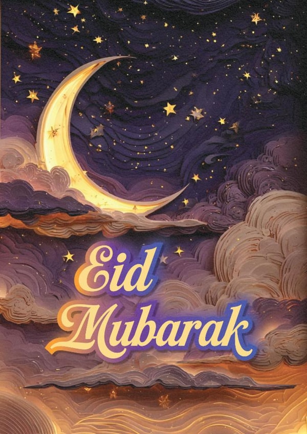 Eid Mubarak 3D Effect Night Sky with Moon and Stars Card created by Kayenaat