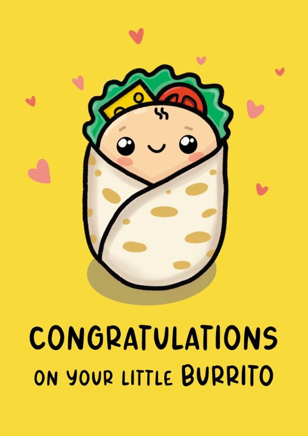 Cute New Baby Card - Little Burrito Pun - Congratulations for New Parents created by Studio Flafello LTD