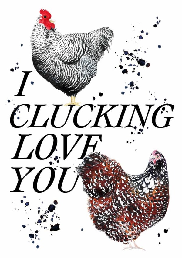 Cheeky chickens card for significant other - I Clucking Love You pun card created by studio frewb