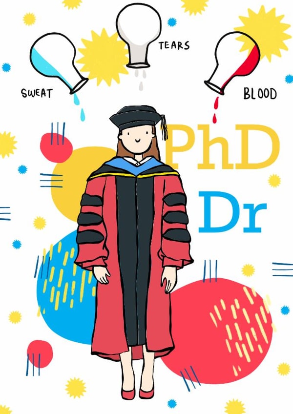 Cute Congratulations Card for her - PhD Graduation - Blood, Sweat & Tears created by Print Me Some Color