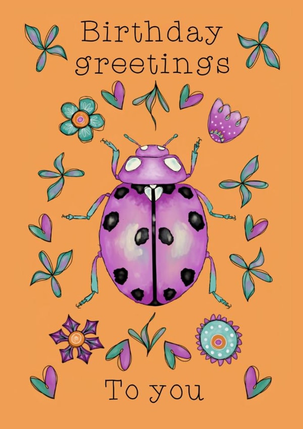 Spread some magic with this whimsical purple ladybug birthday card created by Sharonflemingart