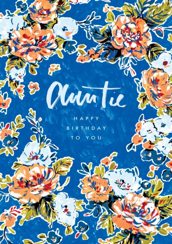 Traditional Birthday Card - For Auntie - Painted Orange & Blue Flowers created by Rebecca Prinn