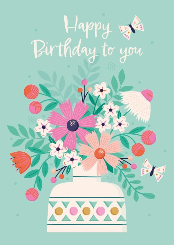 Pretty Floral Birthday Card – Happy Birthday To You – Cute Flower Vase created by Jane Farnham Designs