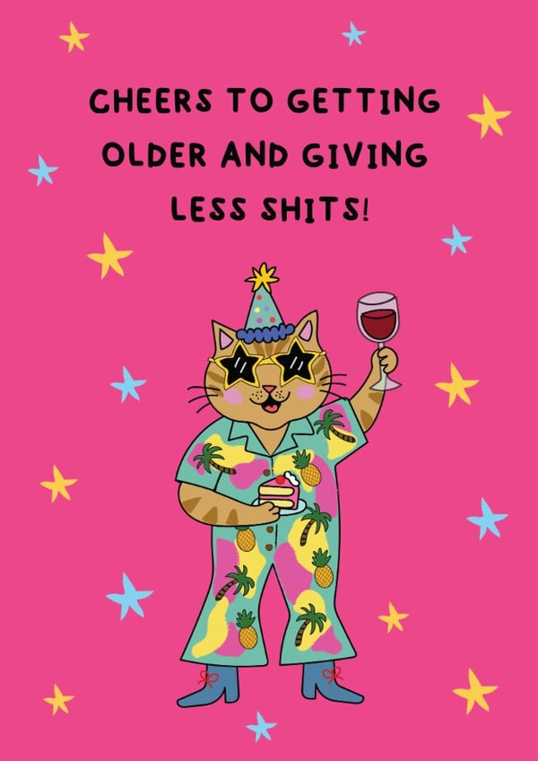Funny Birthday Card - Cheers To Getting Older - Party Cat created by @Laura Lonsdale Designs