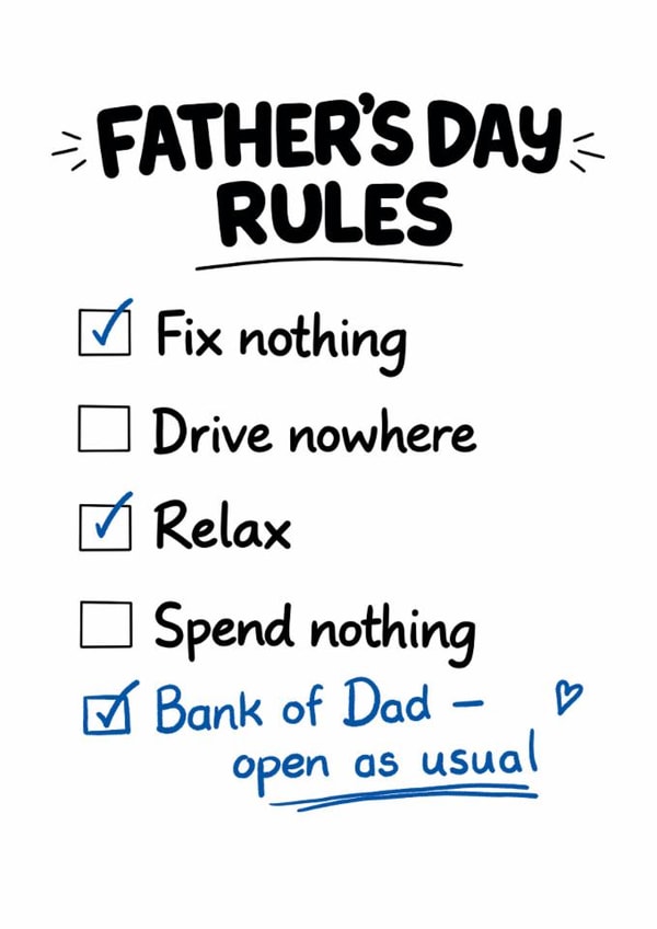 Funny Father's Day Card – Dad Rules Checklist Bank of Dad Open created by Louise Burgoyne