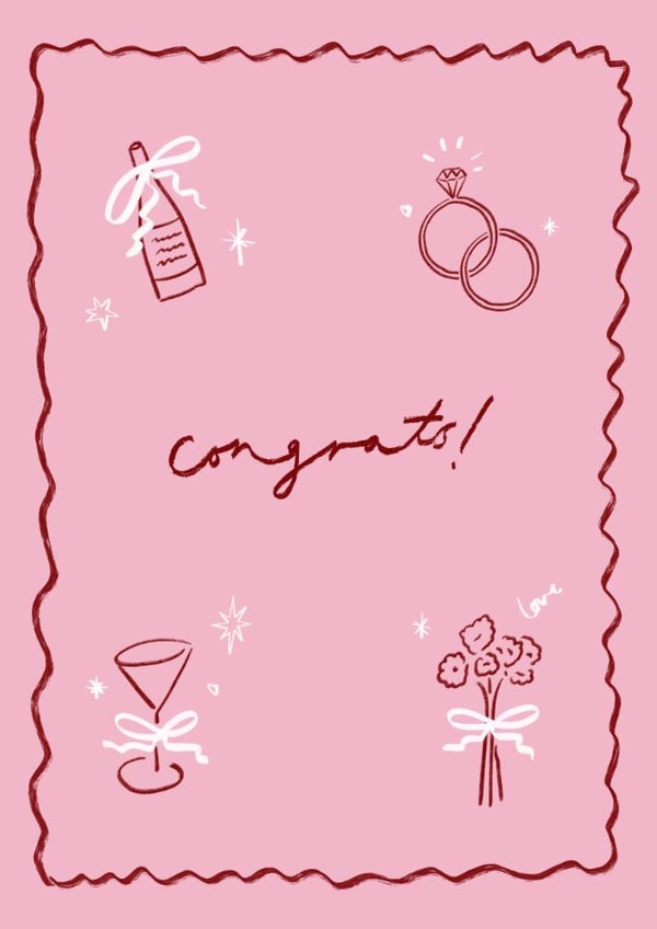 Congratulations Card - Cute Pink Illustrated - Engagement / Wedding created by Holly Walsh