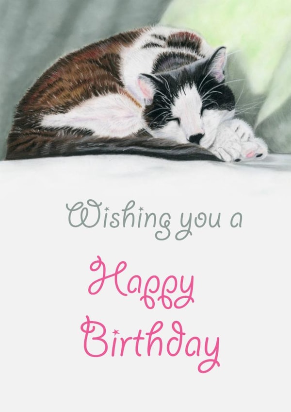 Cute sleeping cat birthday card - Wishing You A Happy Birthday created by Little Red Boots Fae
