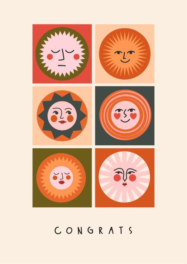 Arty Congratulations Card - Sun Faces created by Sad Girl Illustration