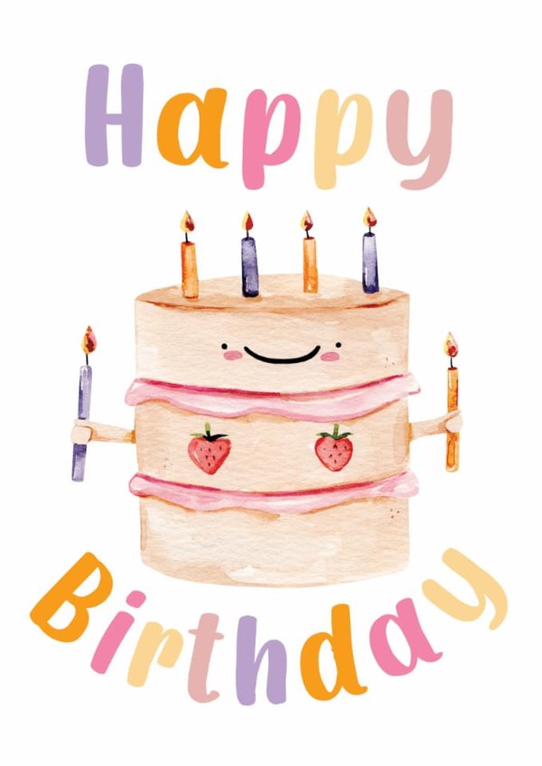 Cute Happy Birthday Cake Card –Watercolour Kawaii Smiling Strawberry Cake Design created by Michelle Khoury