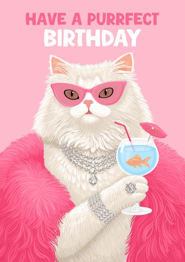 Funny Birthday Card - Purrfect Birthday - Glam Cat created by Pink Peach Cards